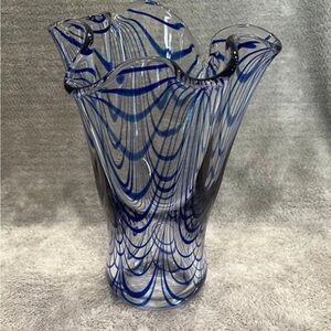 Vintage Livani Blue And Clear Ruffle Top Glass Vase Hand made Soviet USSR